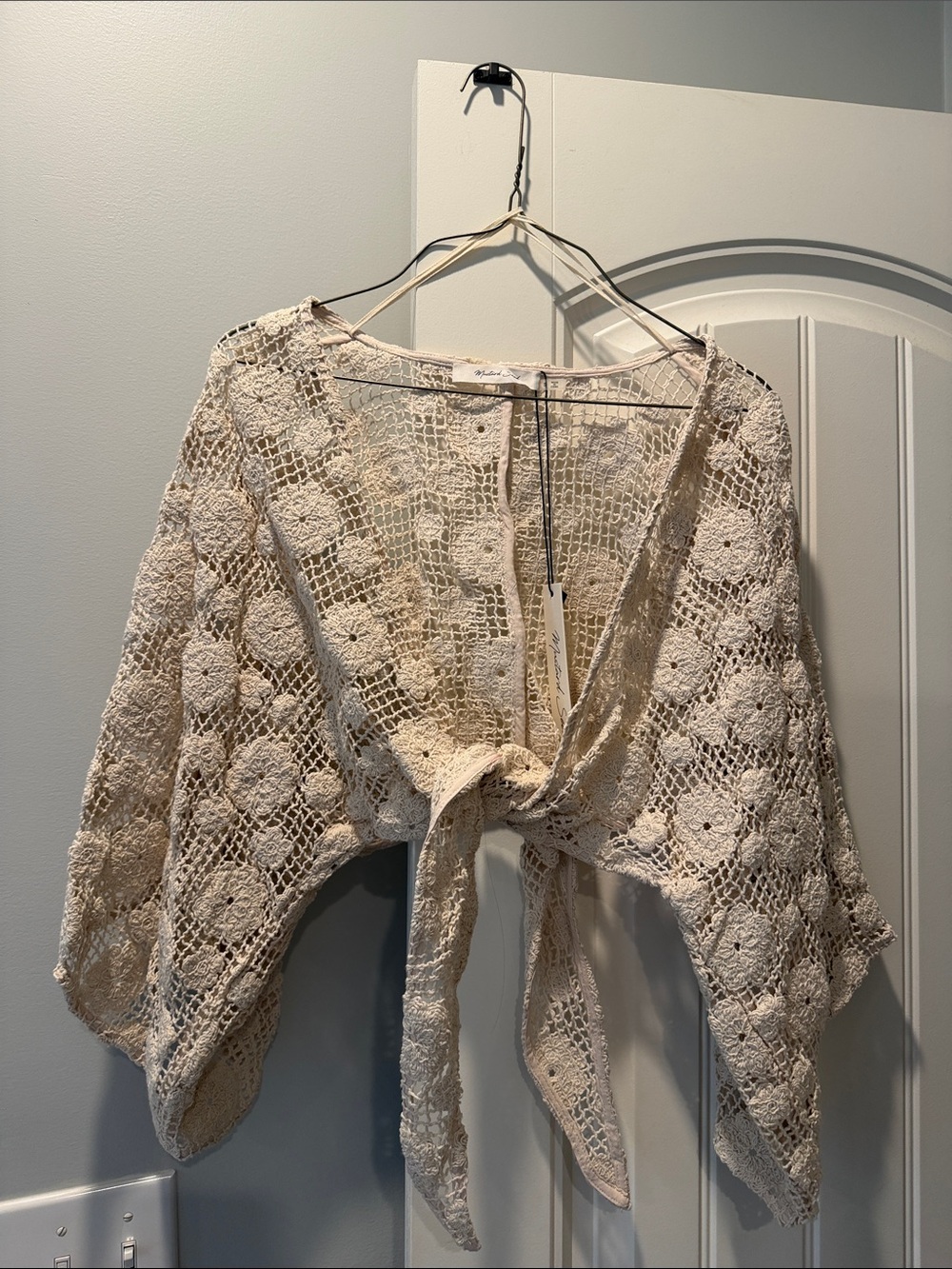 Crochet Tie-Front Women's Shawl  - Cream